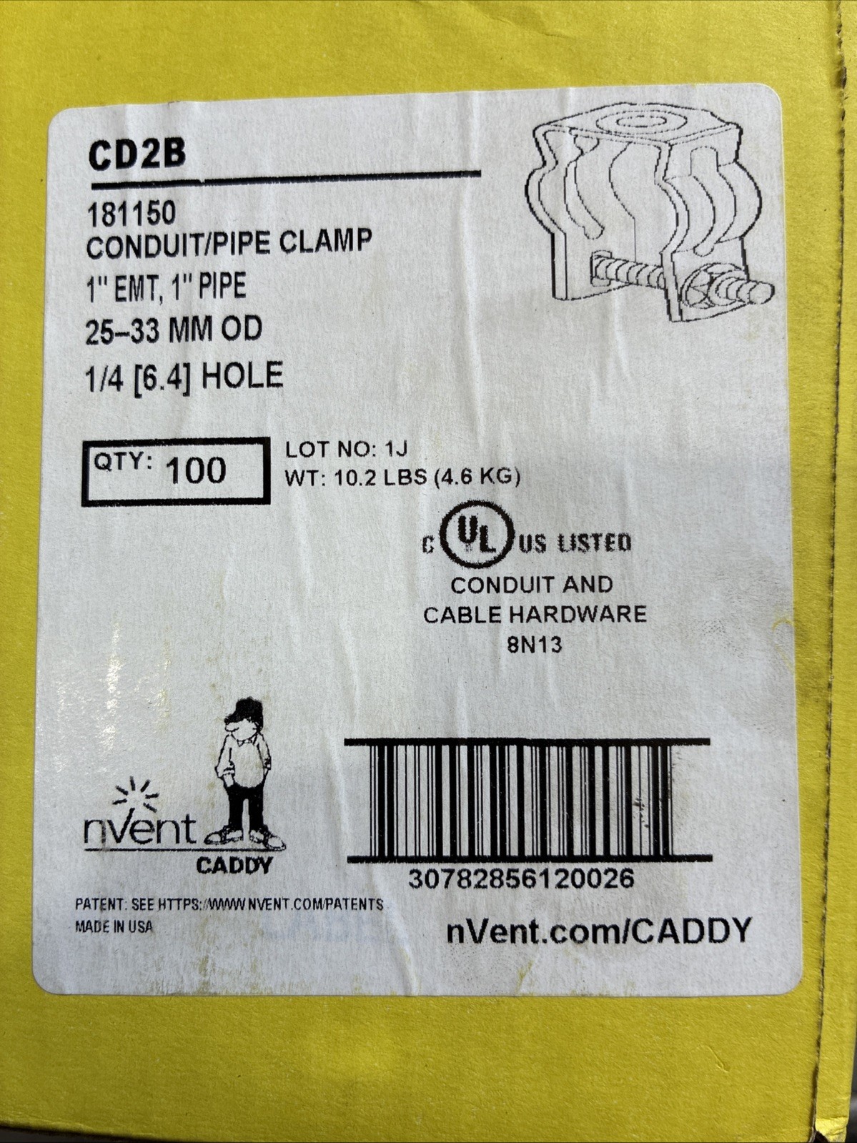 100PK nVent CADDY CD2B Conduit/Pipe Clamp, 1″ EMT/Rigid, Steel, Zinc‑Plated