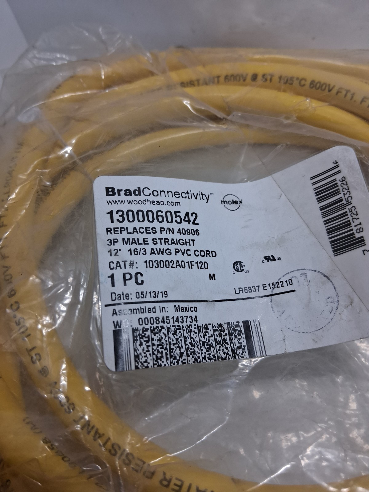 WOODHEAD 1300060542 CORDSET 3P MALE STRAIGHT 12′ PVC CORD NIB
