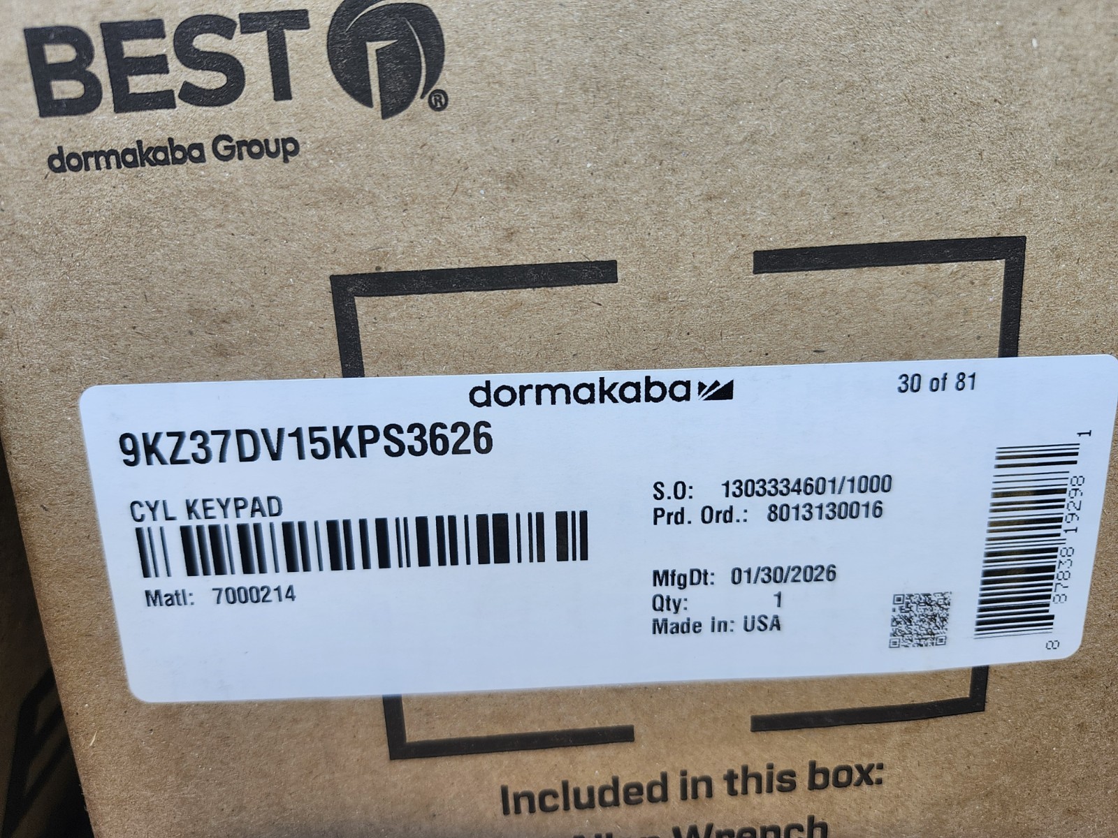Stanley 9KZ37DV15KPS3626 Best Access Systems 9KZ Series Grade 1 *No Core*