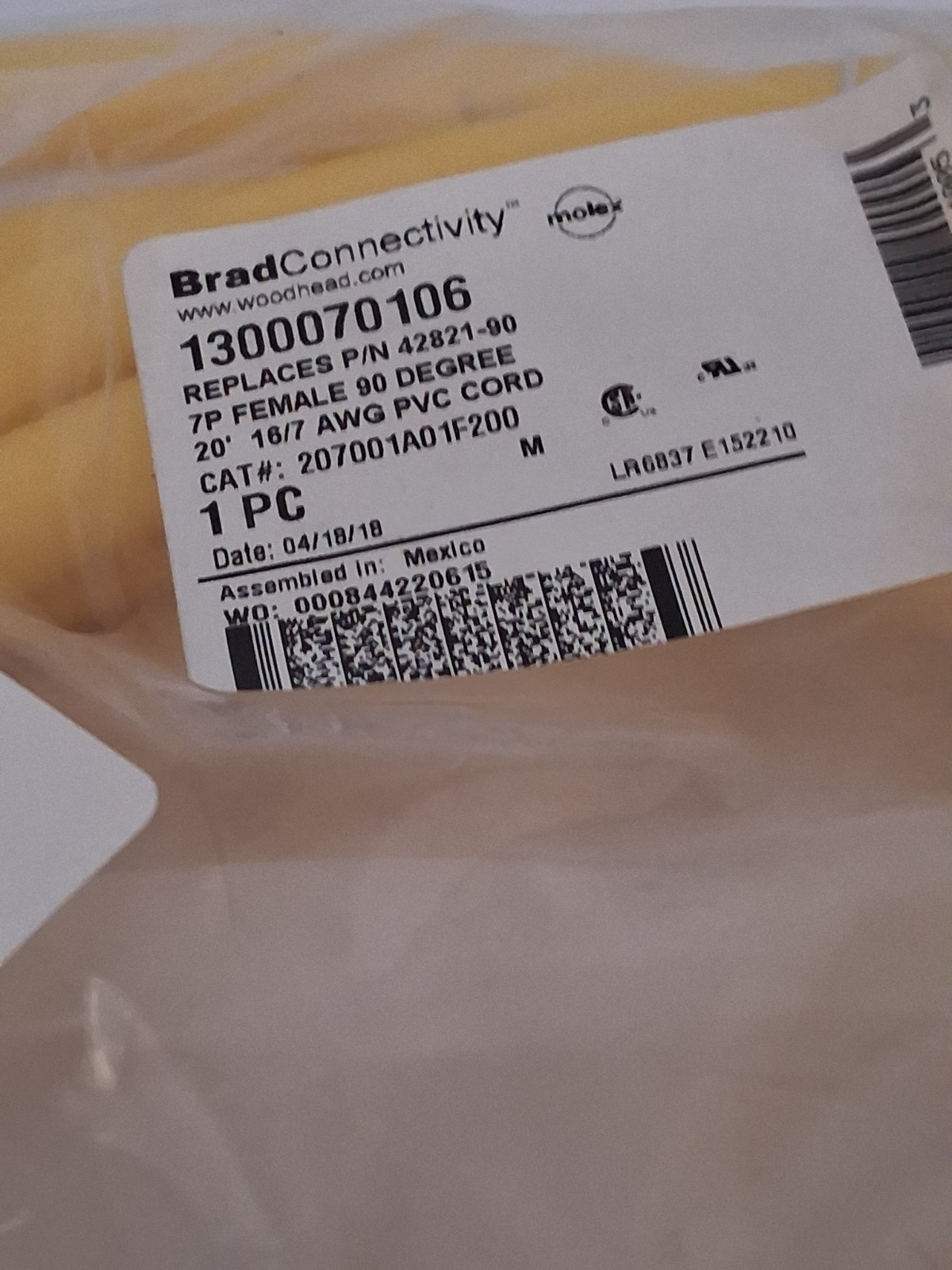 WOODHEAD BRAD CONNECTIVITY 1300070106 CORDSET 7P FEMALE 90° 20′ AWG PVC CORD NIB