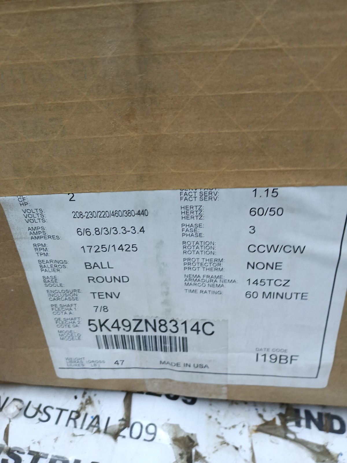 2HP MARATHON 5K49ZN8314C 1725/1425 PH 3 VOLTS 208-230/220