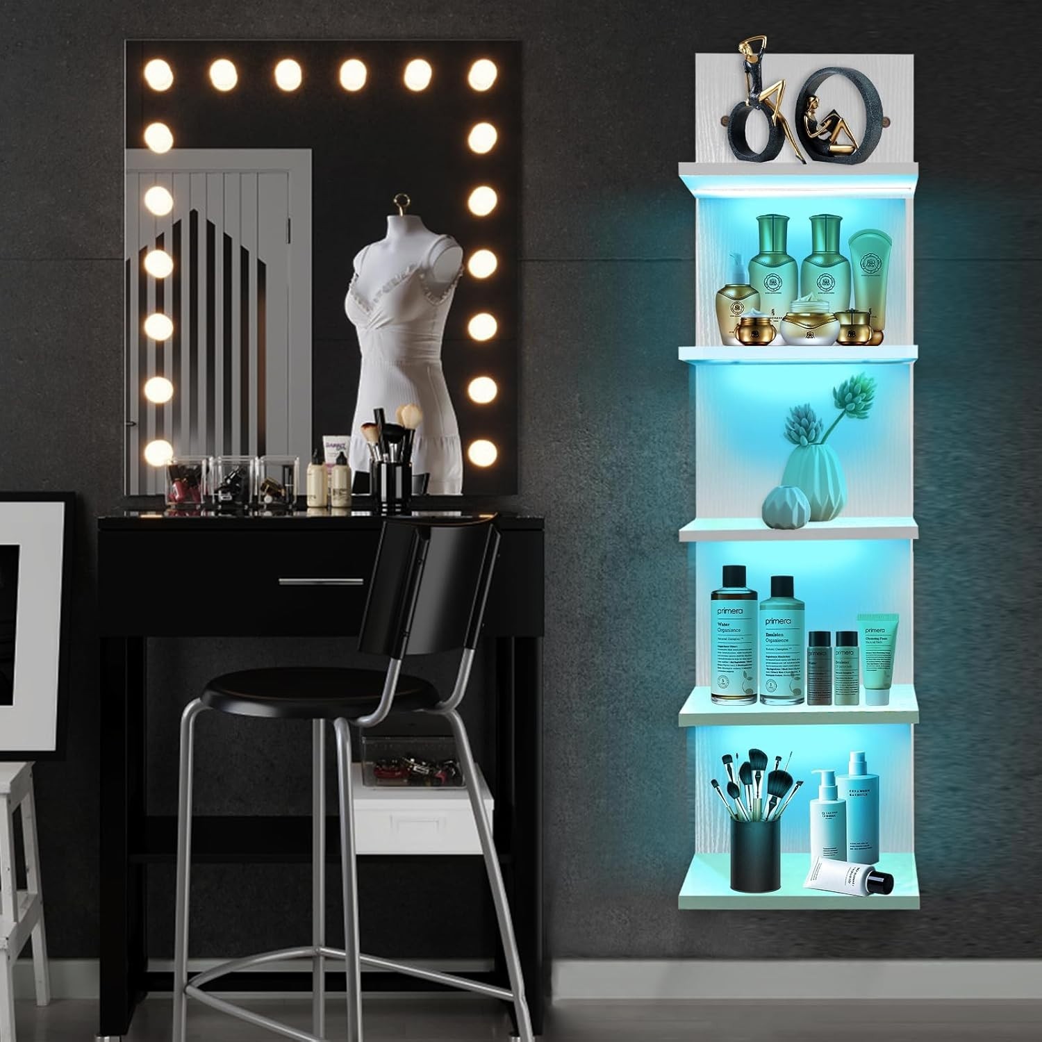 5-Tier LED Wall-Mount Display Shelf – RGB Lighting, Floating Storage for Bedroom
