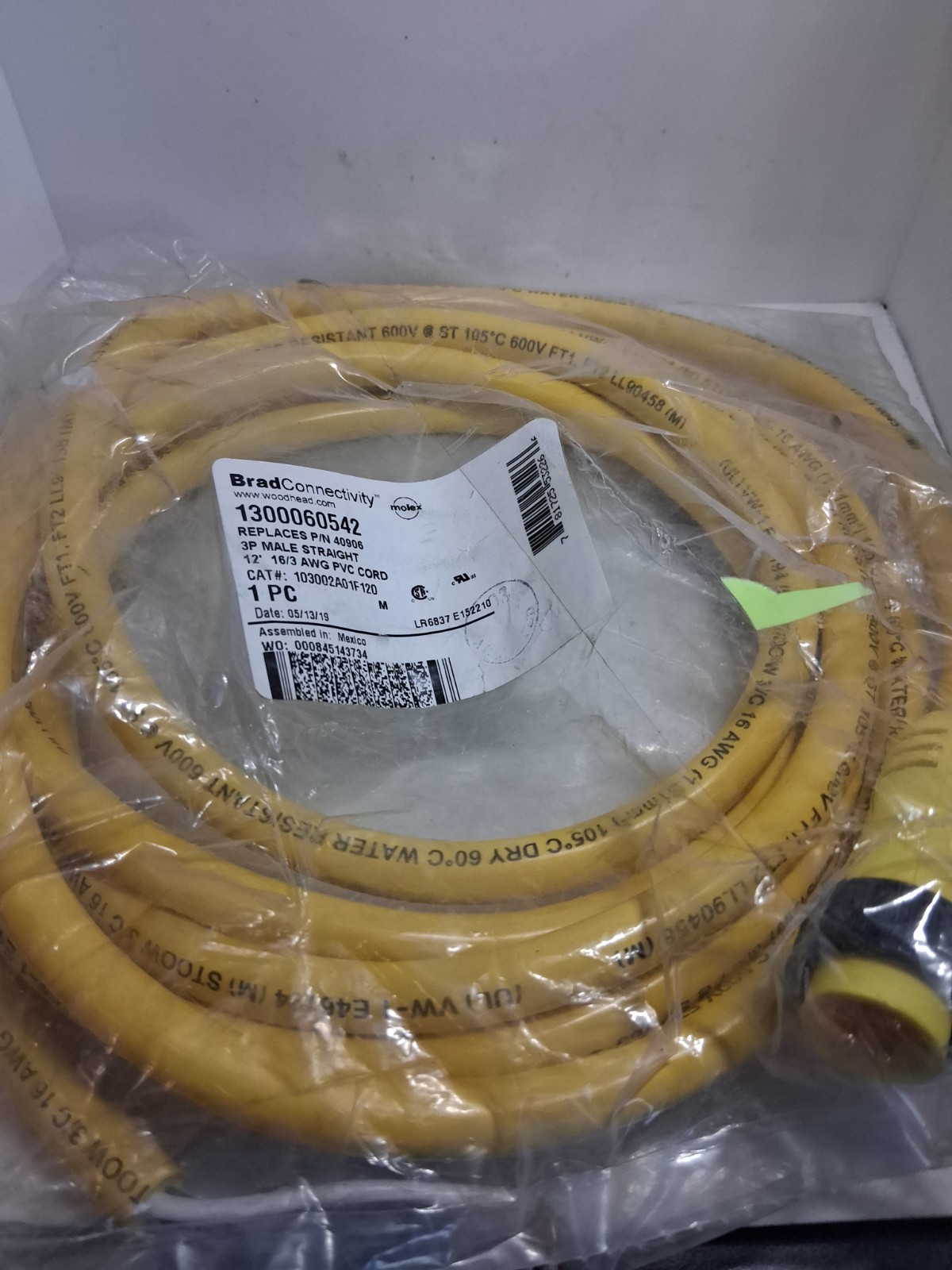 WOODHEAD 1300060542 CORDSET 3P MALE STRAIGHT 12′ PVC CORD NIB