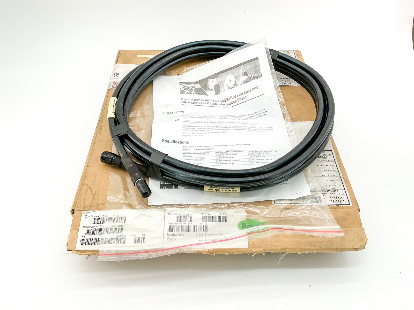 New Cisco AIR-420-003346-020 400/600 Series Low Loss and Ultra Low Loss Cable