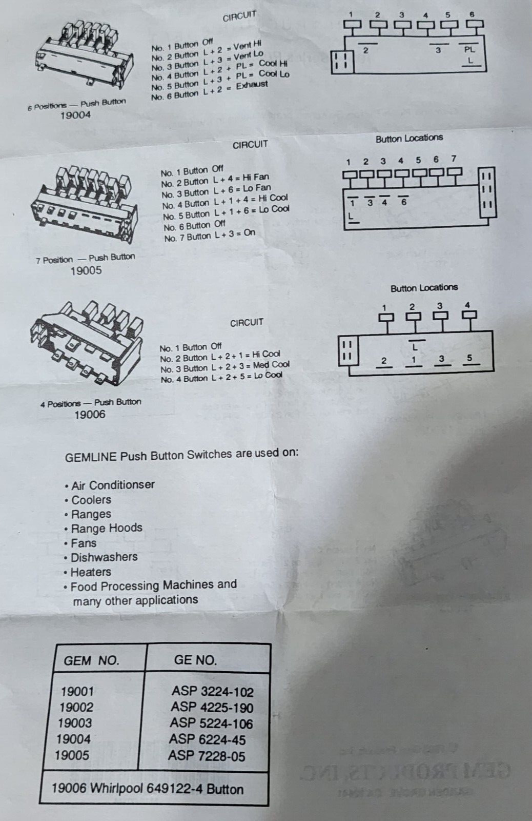 OEM ASP4225-190 Gemline 19002 Push Button 4 Position Switch B11-613, 190-2