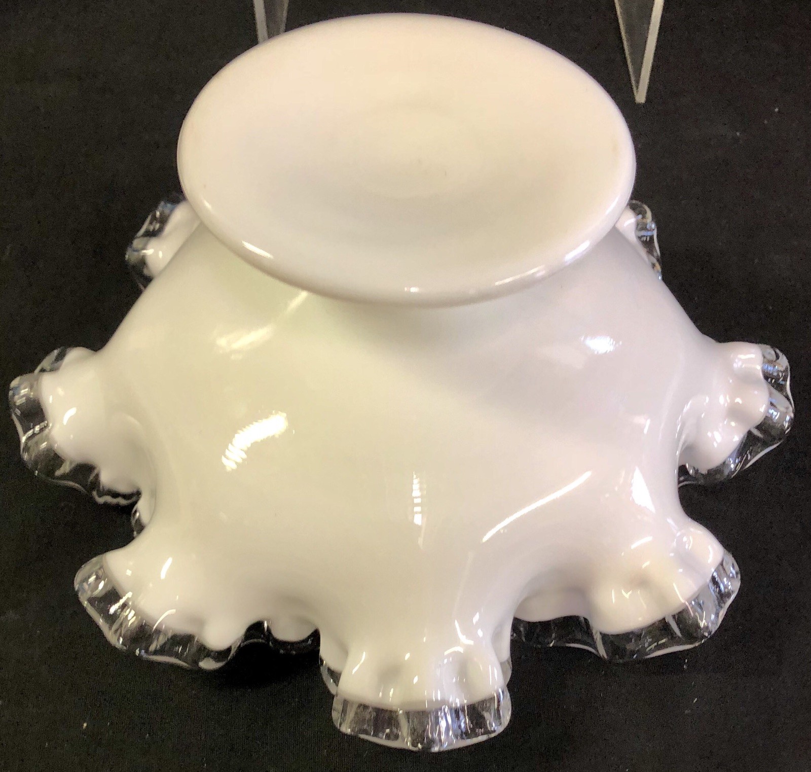 Vintage Fenton Large 8″ Milk Glass Silver Crest White Ruffled Compote Candy Dish