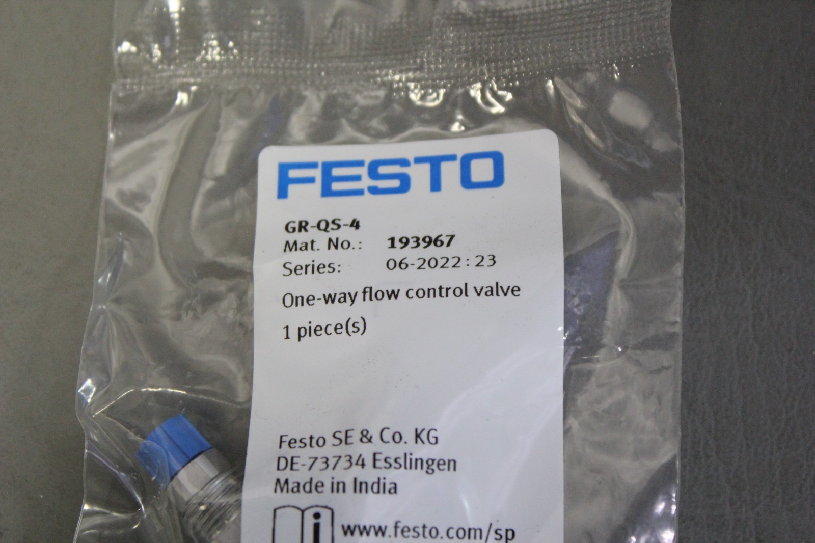 FESTO GR-QS-4 ONE WAY FLOW CONTROL VALVE NEW
