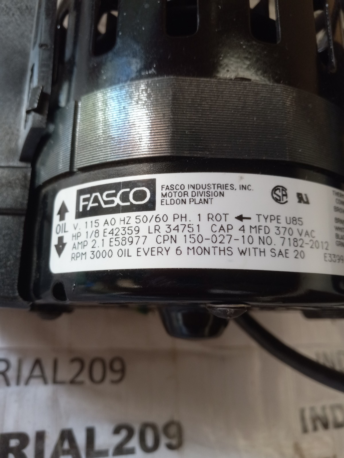 1/8” HP FASCO 485 V 115 PH 1 3000 RPM