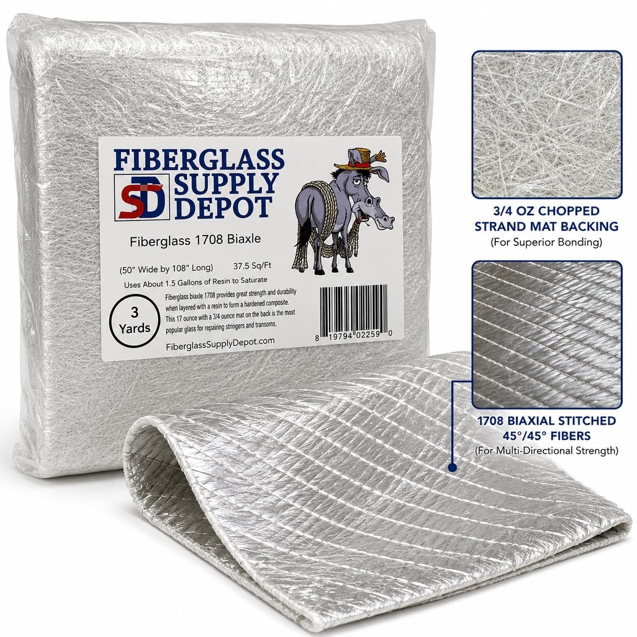 1708 Fiberglass 45/45 DBM Biaxial 50″ Inch Wide – 9 FEET Long – 3 Yards