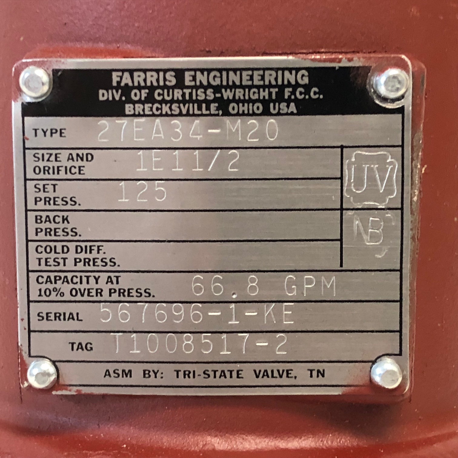 GUARANTEED! CURTISS-WRIGHT FARRIS 1″X1-1/2″ PRESSURE RELIEF VALVE 27EA34-M20