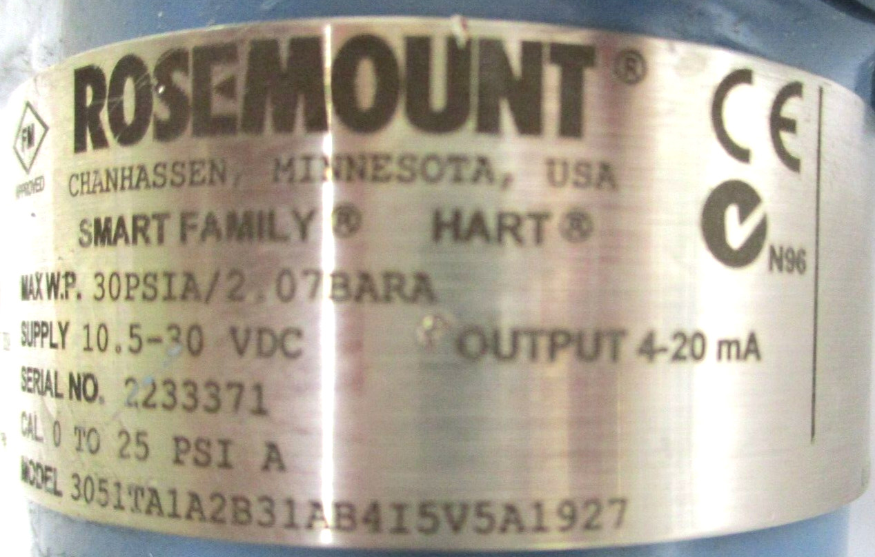 ROSEMOUNT , 3051TA1A2B31AB4I5V5A1927 , 1/2″ FNPT TRANSMITTER , SLIGHTLY USED