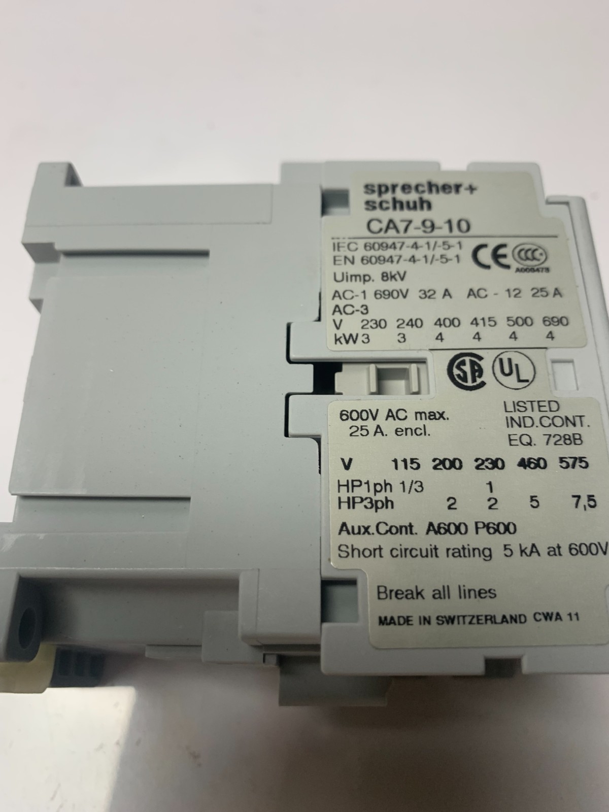 New Sprecher + Schuh Contactor CA7-9-10 110/120VAC