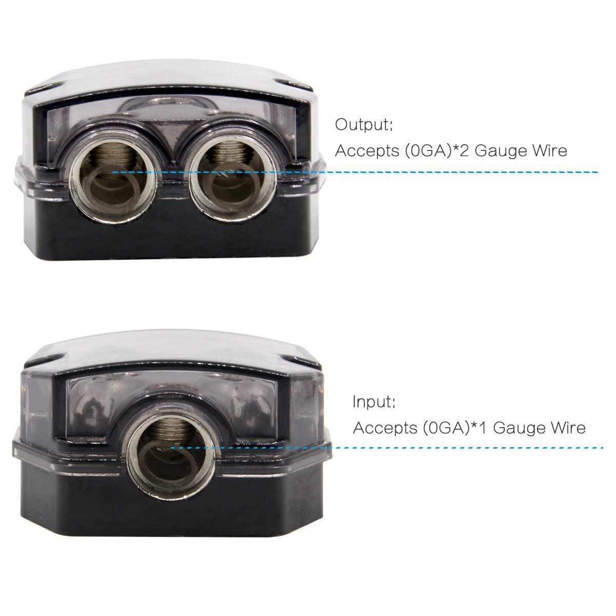 2 Way Power Distribution Block, 0/2/4 AWG Gauge in, 1x0GA+2x0GA, 1x0GA+2x0GA