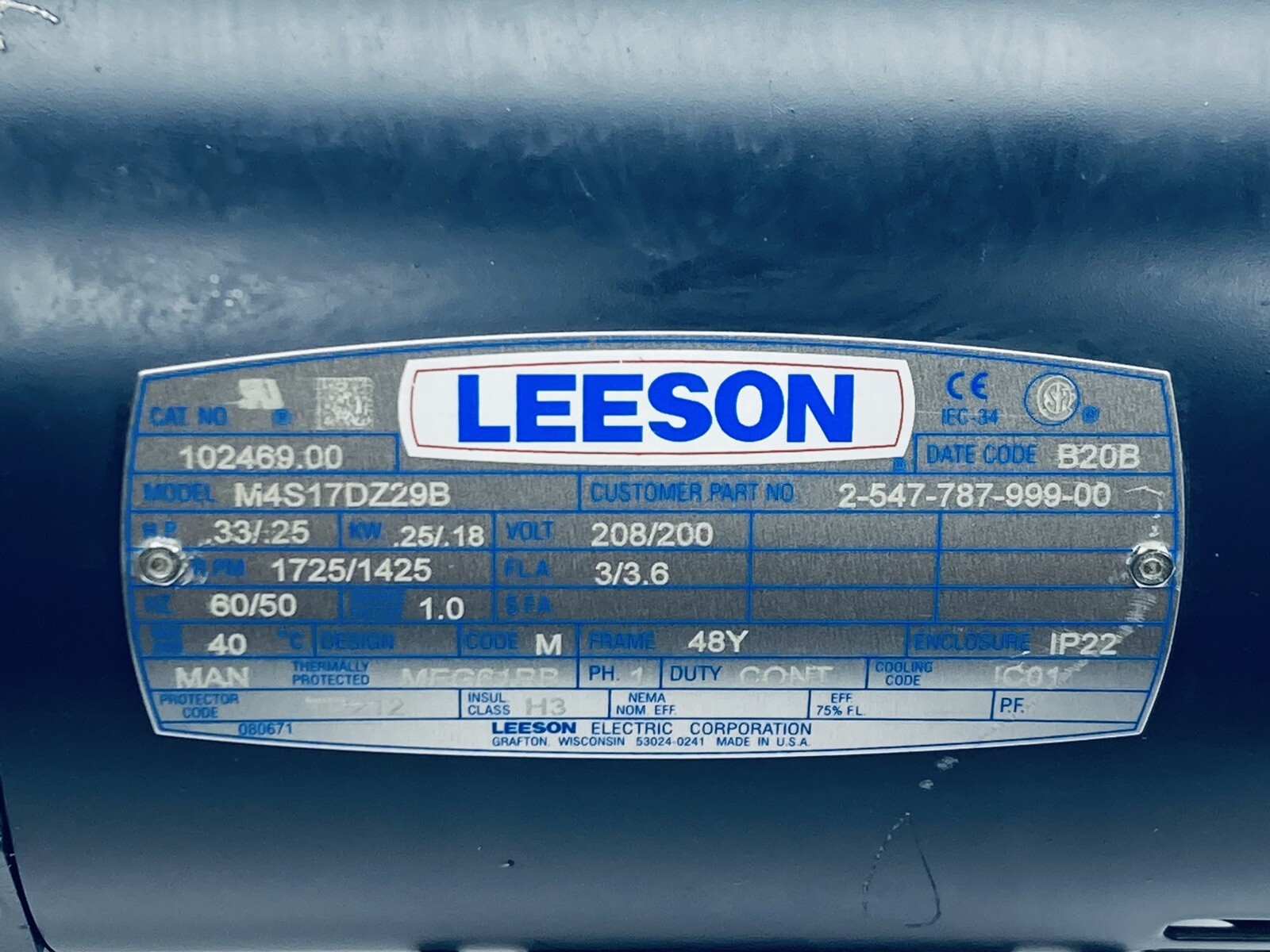 UNUSED LEESON M4S17DZ29B AC MOTOR 48Y-FR .33HP 208/200V 50/60Hz 1PH *SCRATCHED*