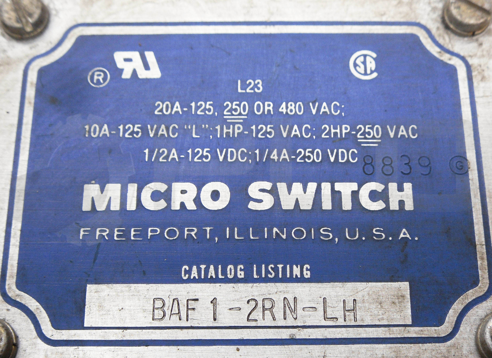 MICROSWITCH BAF1-2RN-LH SNAP LIMIT SWITCH 20A 480VAC 250VDC