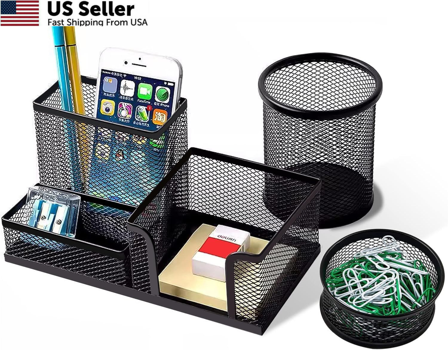 Pen Holder for Desk, Desk Organizers Set-3 Compartments Mesh Rectangle, Black