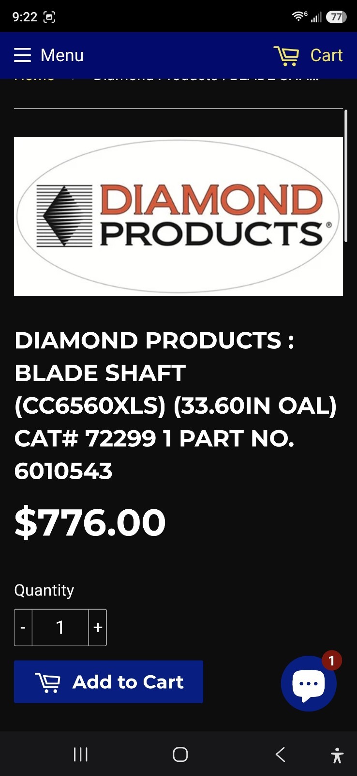 Diamond Products Blade Shaft CC6560XLS 33.60″ OAL MPN 6010543