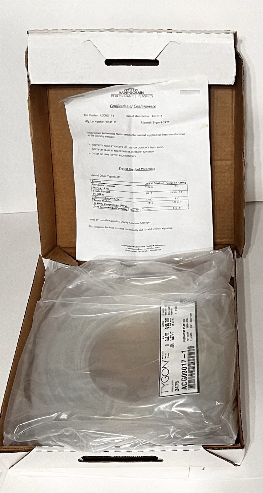 TYGON 2475 High-Purity Tubing 1/4″ ID x 3/8″ OD x 1/16″ Wall Clear Flexible 10ft