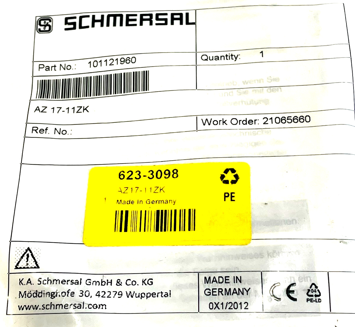 NEW SCHMERSAL AZ 17-11ZK SAFETY INTERLOCK SWITCH 101121960 AZ1711ZK