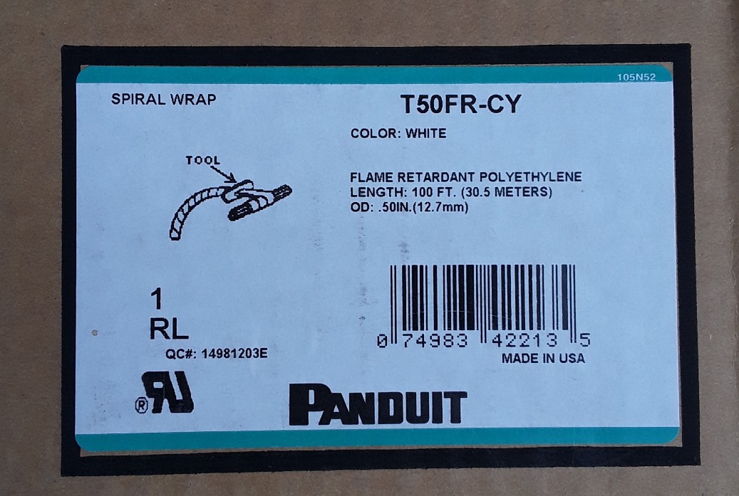 PANDUIT WHITE CABLE WIRE WRAP .50″ X 100′ SPOOL #T50FR-CY