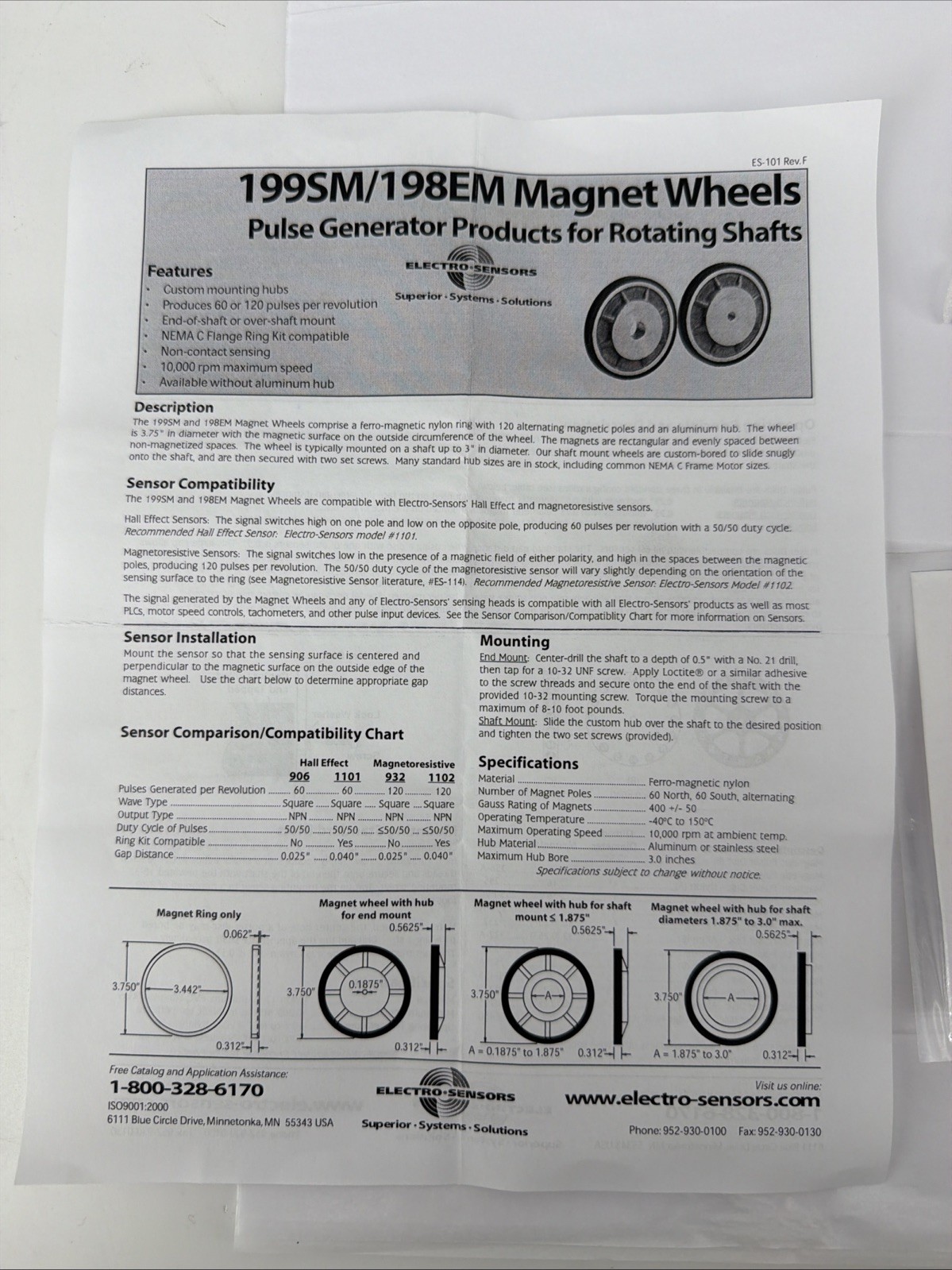 Electro-Sensors 700-211125 Magnet Wheel, 1-1/8in Bore, 199SM, 60PP, Aluminum Hub