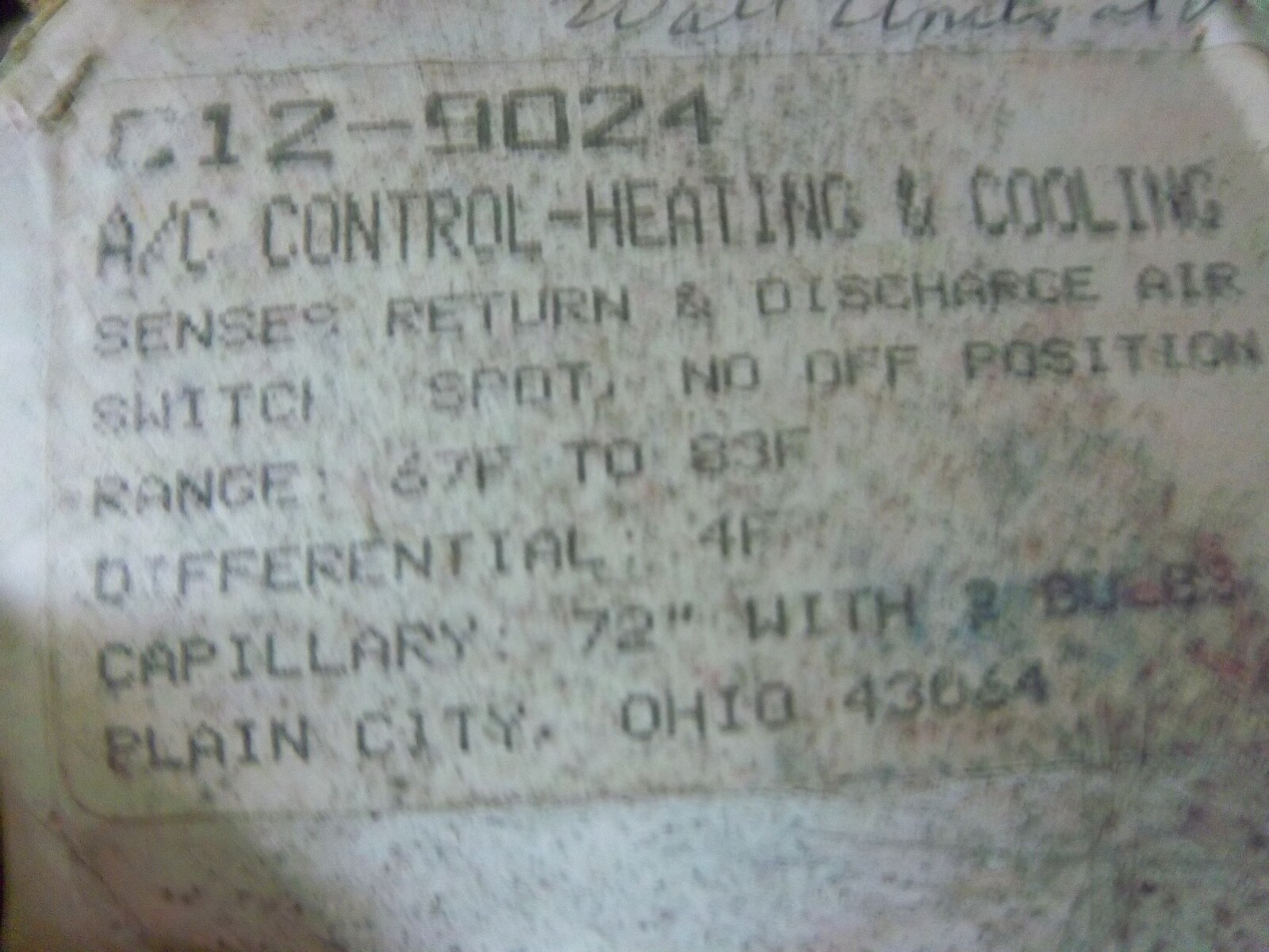 NEW RANCO Heating & Cooling Sensor Switch C12-9024- NEW ~ Aisle X
