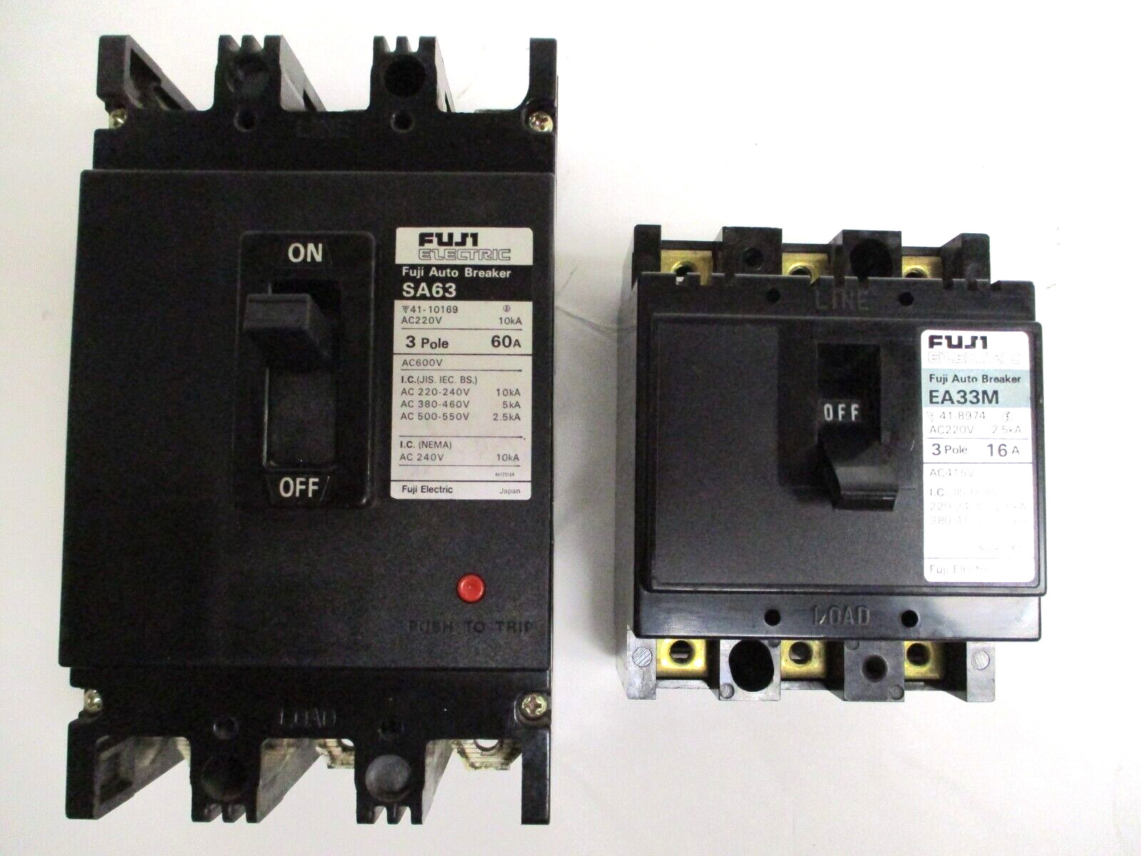 FUJI ELECTRIC BREAKERS, SA63: 60-A , EA33M: 16-A , LOT OF 2 , CLEAN-USED