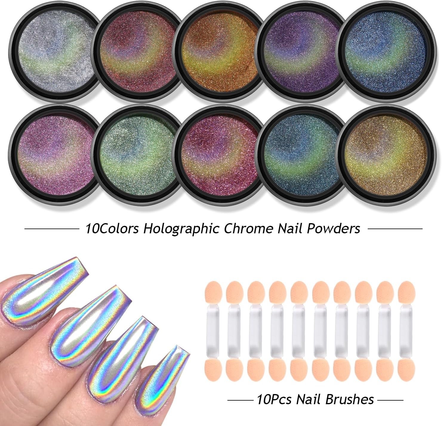 Furtherpretty Holographic Chrome Nail Powder, 10 Colors Metallic