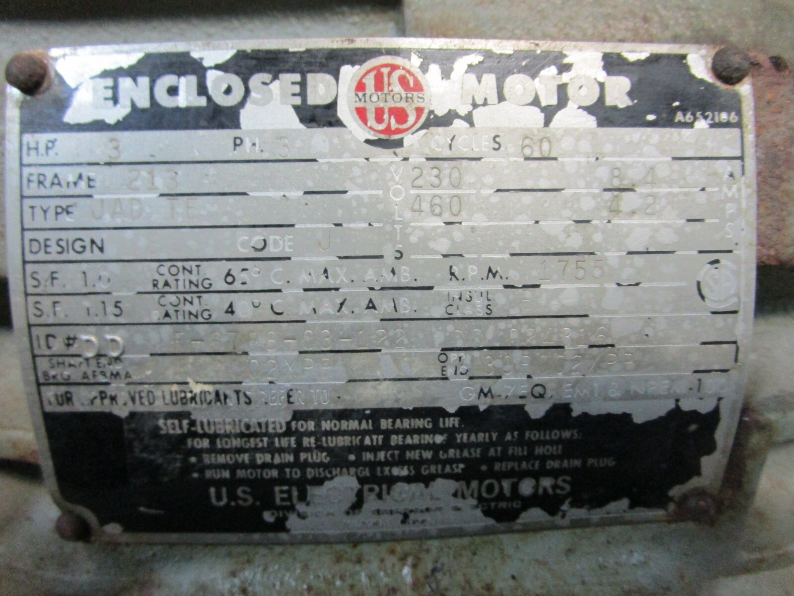 US Electrical Motors Enclosed Motor 3 HP 3 Phase 213 Frame 230/460 Volts 51252LR