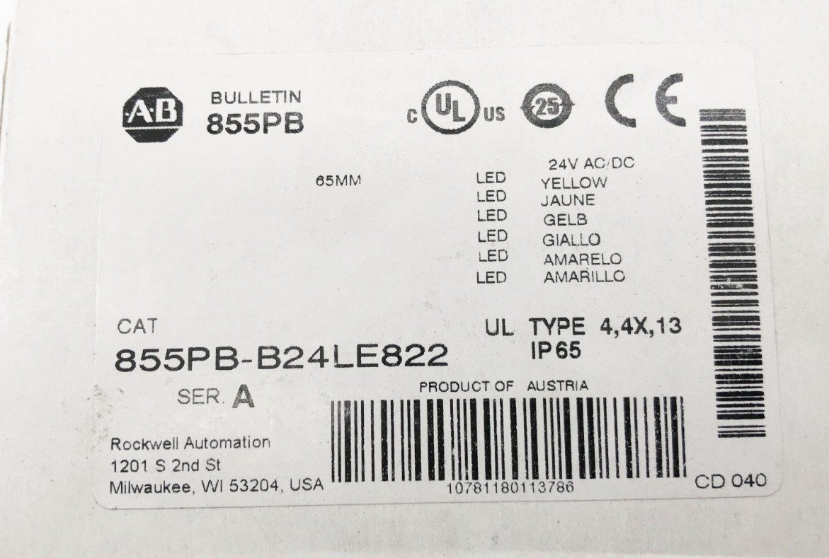 New Allen Bradley 855PB-B24LE822 Ser. A Panel Mount Sounder LED Yellow 24VAC/DC