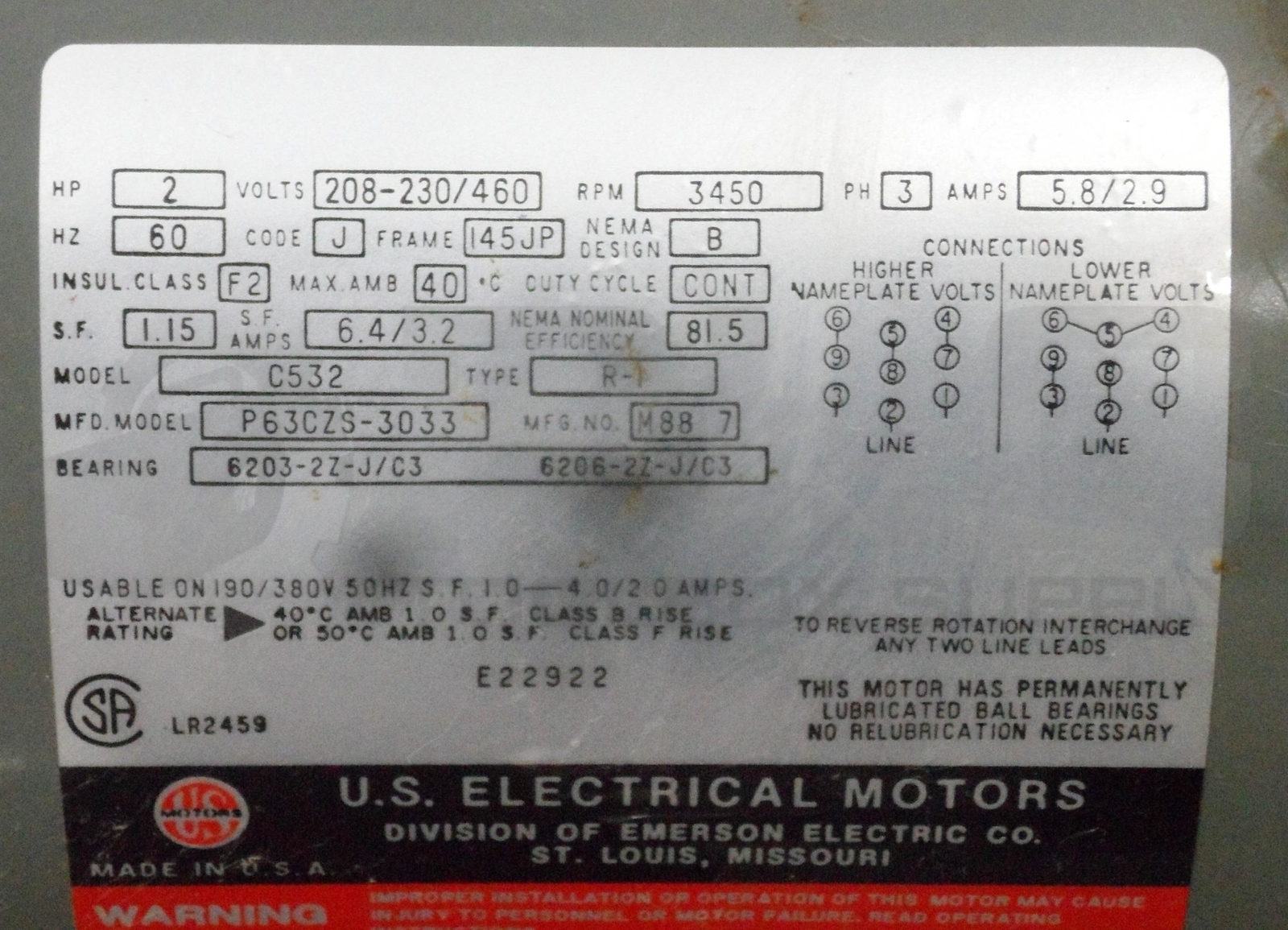 US MOTORS C532 MOTOR 2HP 208-230/460V 3450RPM 3PH 5.8/2.9A TYPE R-1