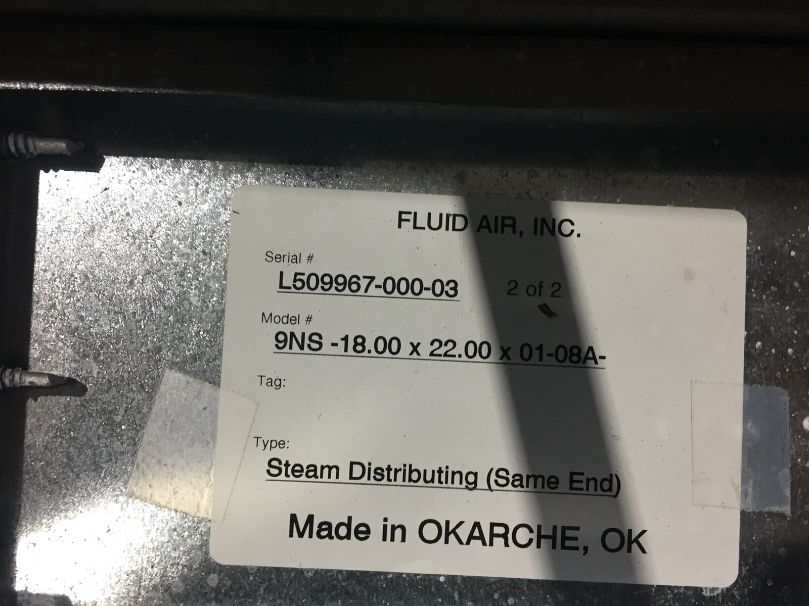 Fluid Air Inc. Steam Distributing Heat Exchanger (9NS -24.00×22.00×01-06A)