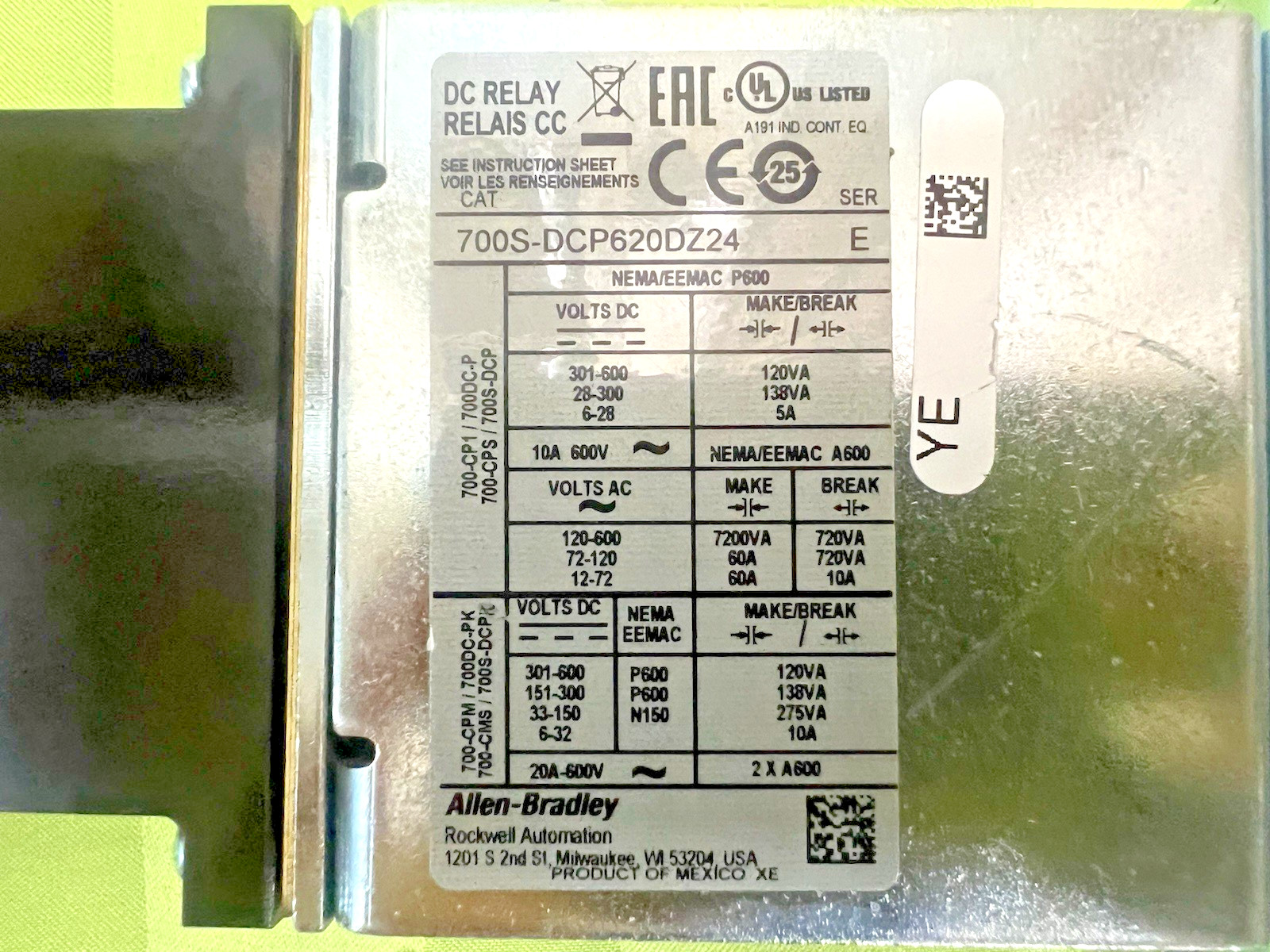 ALLEN BRADLEY 700S-DCP620DZ24 SAFETY CONTROL RELAY 600V DC COIL 8 POLE SER E NIB