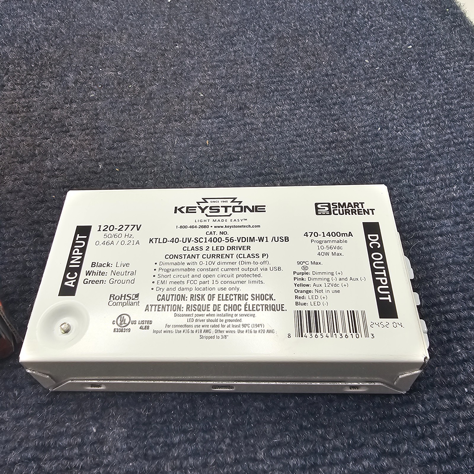 Keystone KTLD-40-UV-SC1400-56-VDIM-W1/USB US Class 2 Programmable LED driver