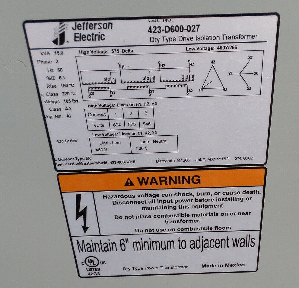 Jefferson 423 Series 15 kVA Dry Type Drive Isolation Transformer 423-D600-027