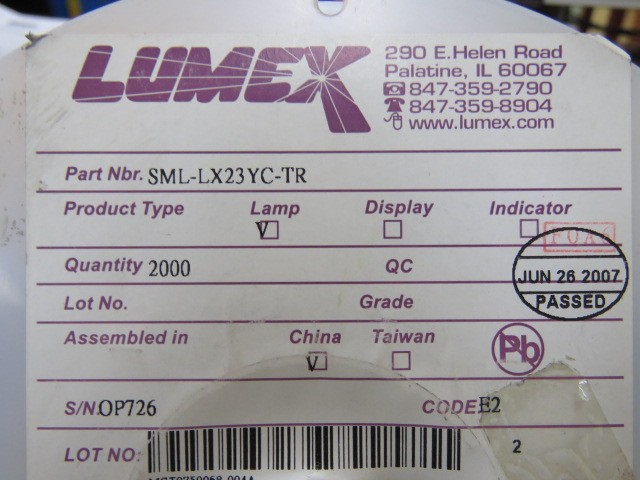 LUMEX SML-LX23YC-TR Qty of 500 per Lot LED WATER CLEAR YELLOW 585NM