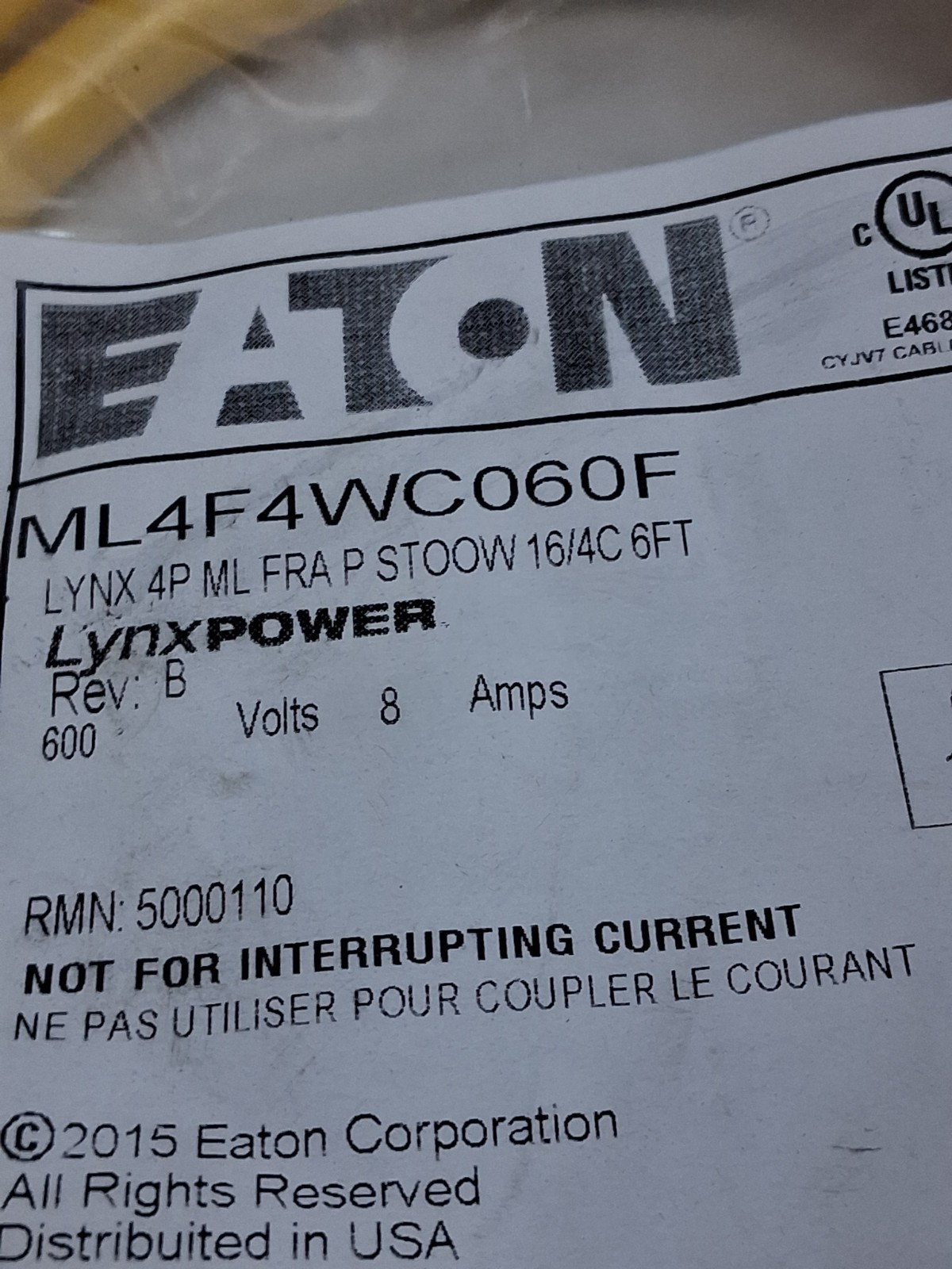 EATON ML4F4WC060F CORDSET MINI-LINE 600V 8 AMPS 4 POLE 6FT CABLE NIB