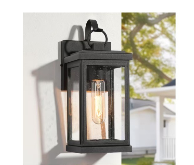 LNC Modern Matte Black 1-Light Outdoor Wall Light w/ Seeded Glass