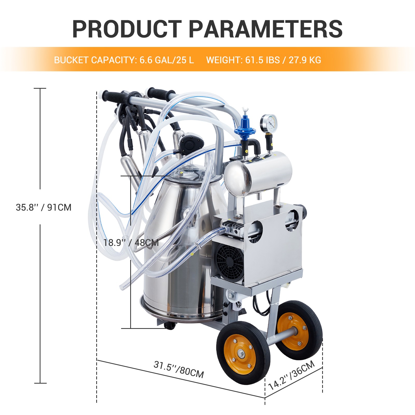 25L Electric Milking Machine Portable for Cow Goat Stainless Steel Bucket w/Hose