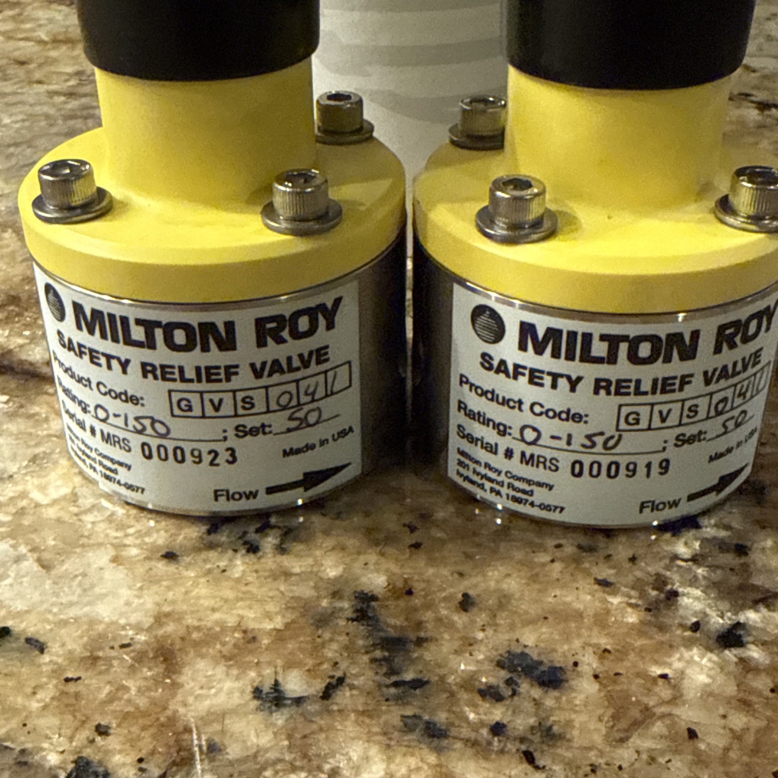 Milton Roy Safety Relief Valve GVS041. Rating 0-150 PSI 50PSI Set. Pair of 2
