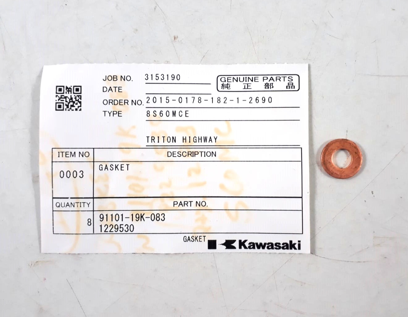 Gasket P/N 91101-19K-083 1229530 For Kawasaki 8S60MCE Genuine Parts (PACK 9)