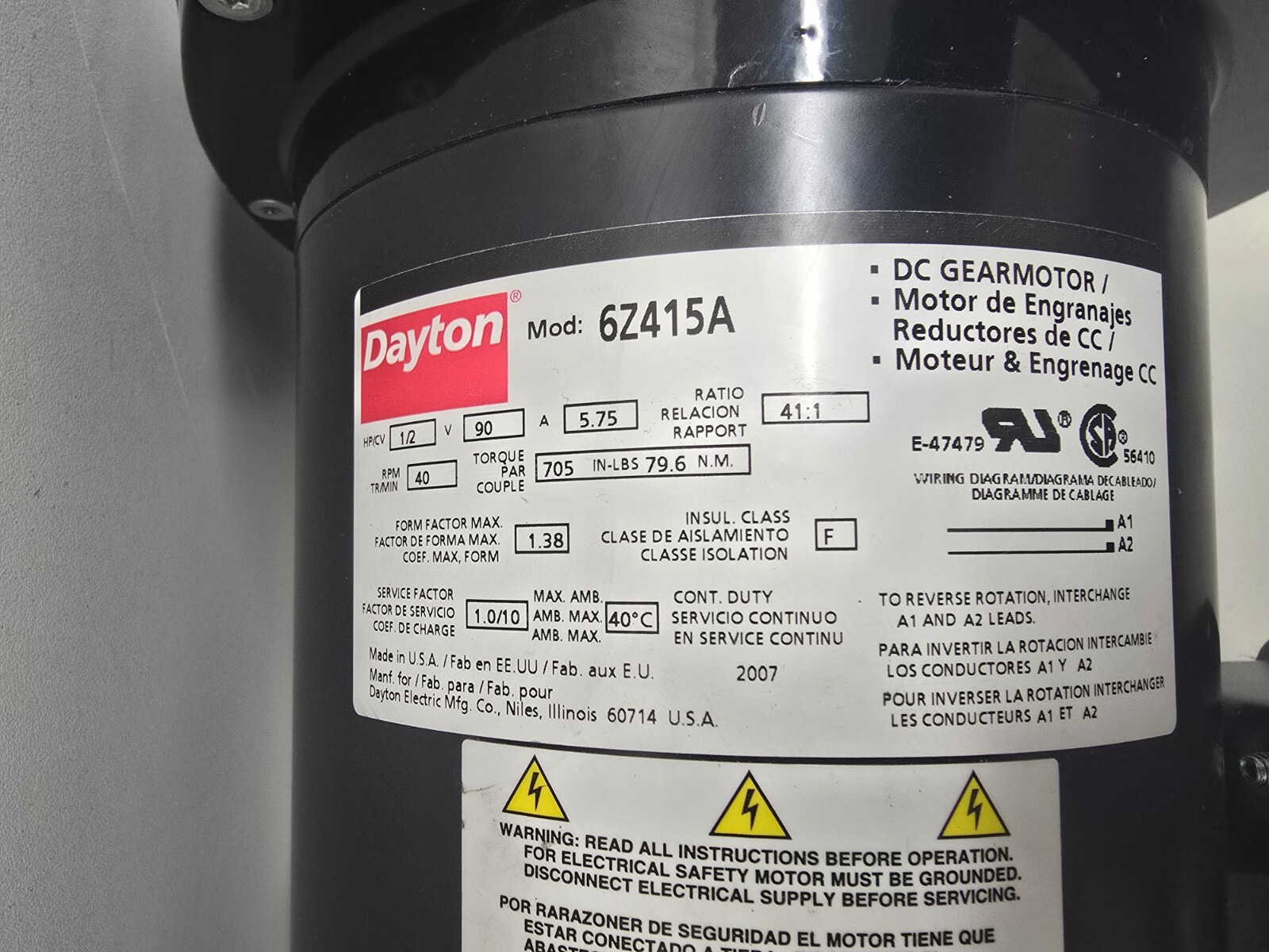 NEW OLD STOCK! DAYTON 40RPM 1/2 HP/CV DC GEAR MOTOR 6Z415A