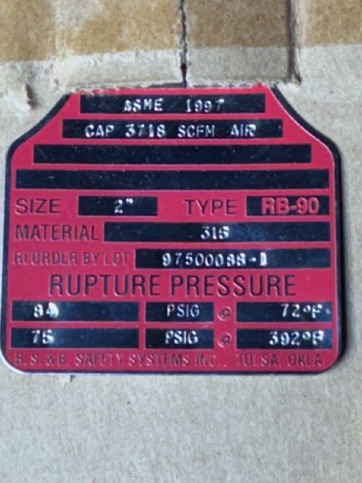 BS&B RB-90 Rupture Disk 2in 316 SS 84 PSIG @72F 75 PSIG @392F