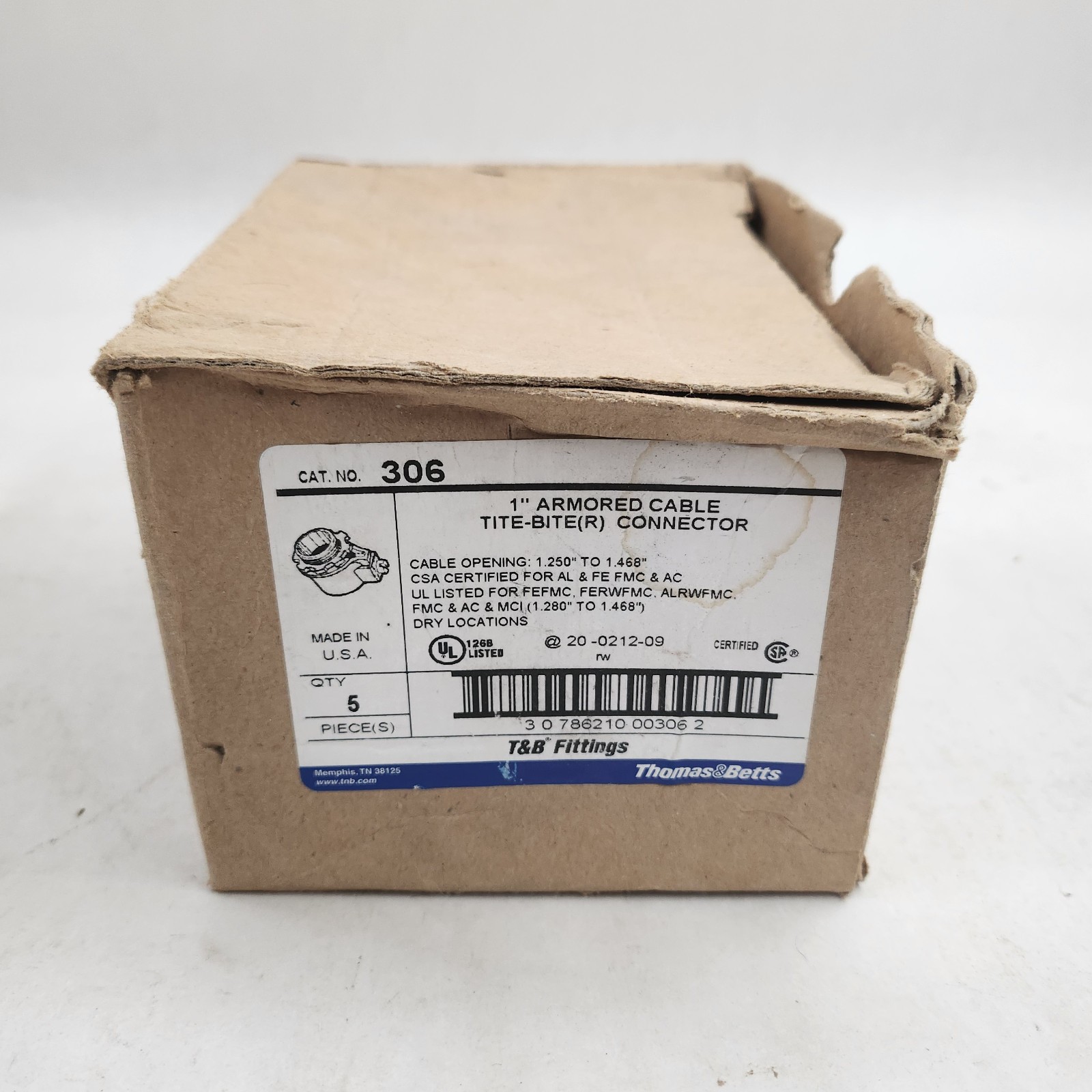 [BOX OF 5] THOMAS & BETTS 306 ARMORED CABLE CONNECTOR, 1″, TITE-BITE