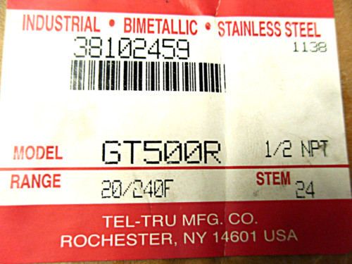 NEW TEL-TRU GT500R THERMOMETER 20/240F 1/2 NPT