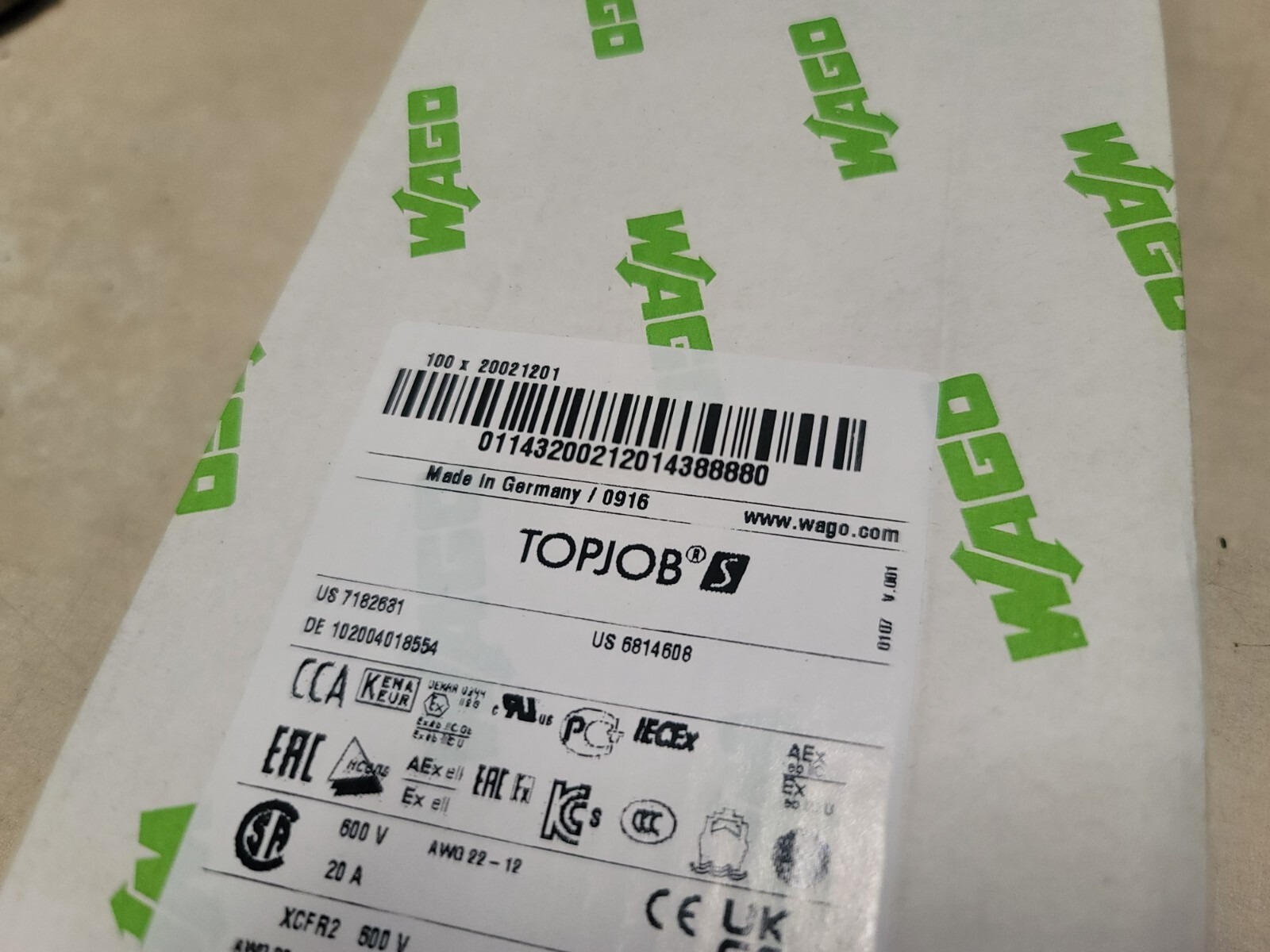 BOX OF 100 2002-1201, Wago, 2 Conductor Rl Mtd Term Blk-Tj NOB