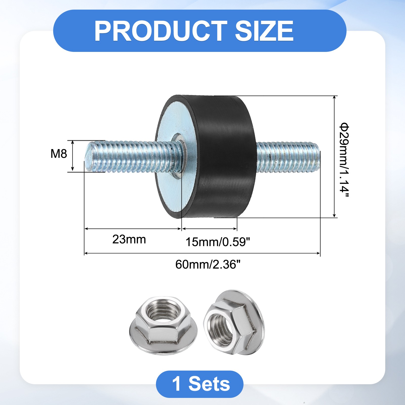 M8 x 23mm Rubber Mounts, 15 x 29mm Rubber Vibration Isolator with Nuts