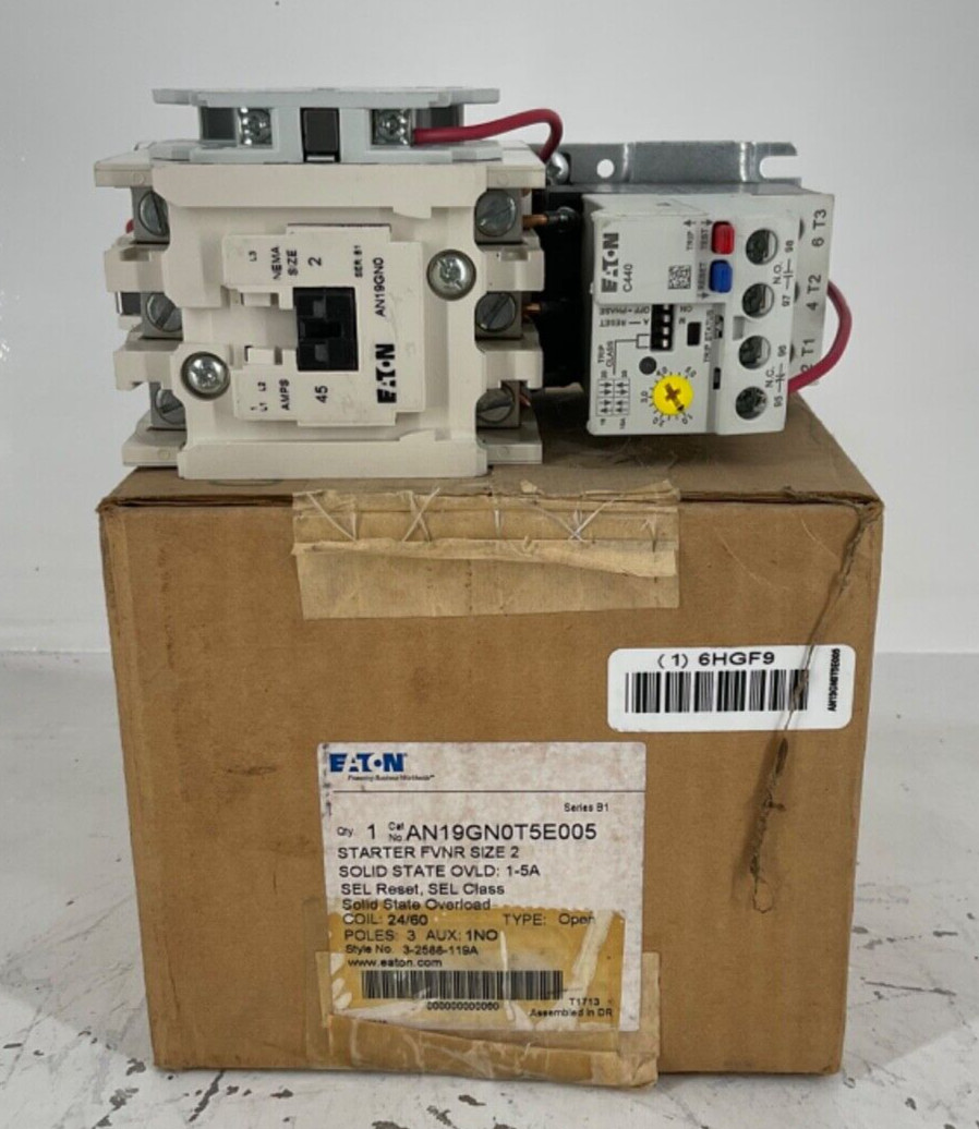 NEW EATON AN19GN0T5E005 STARTER FVNR SZ2 SS OVERLD 1-5A 24/60 COIL 1NO AUX