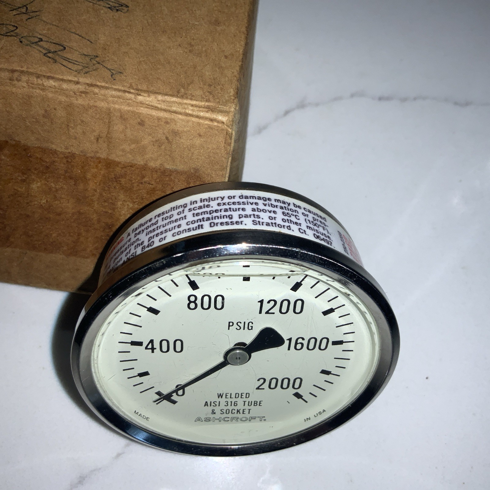 NOS: Ashcroft 0-2000 PSIG Welded AISI 316 Tube & Socket Liquid Gauge – USA