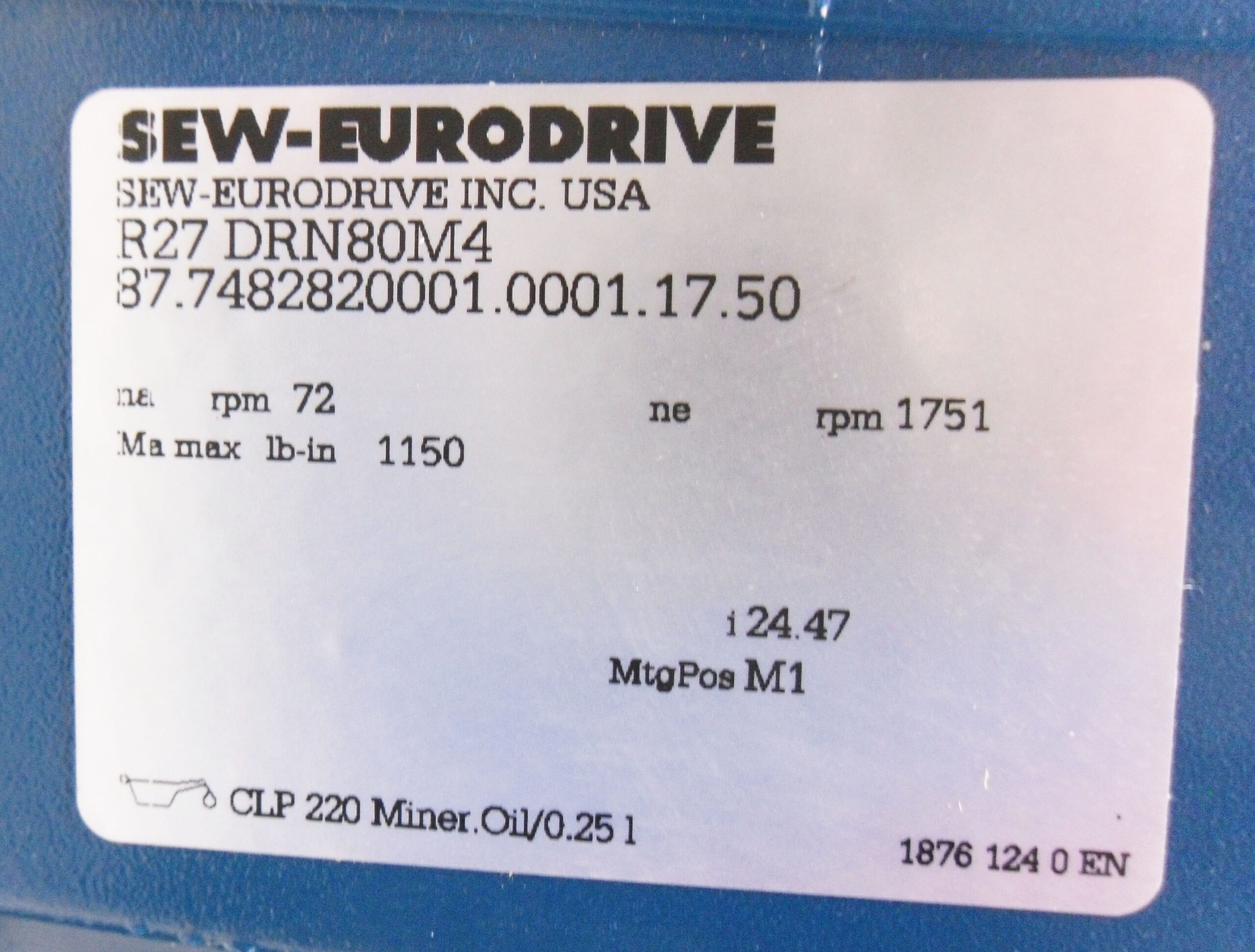 NEW SEW EURODRIVE R27 DRN30M4 GEAR MOTOR 87.7482820001.0001.17.50 W/ R27 DRN80M4